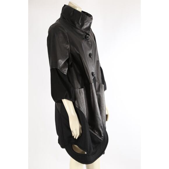 Black Leather Wool Contrasted Button Down Puff Midi Coat Size M - Picture 3 of 7